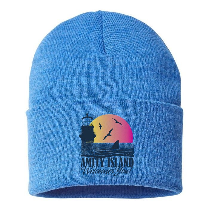 Jaws Amity Island Welcomes You Sunset Great Gift Sustainable Knit Beanie