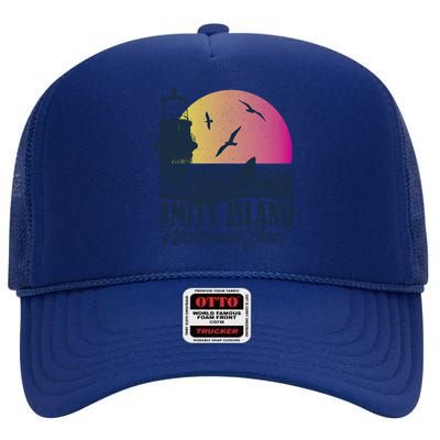 Jaws Amity Island Welcomes You Sunset Great Gift High Crown Mesh Back Trucker Hat