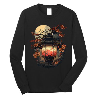 Japan Art Japanese Pagoda Lantern Sakura Blossom Aesthetic Long Sleeve Shirt