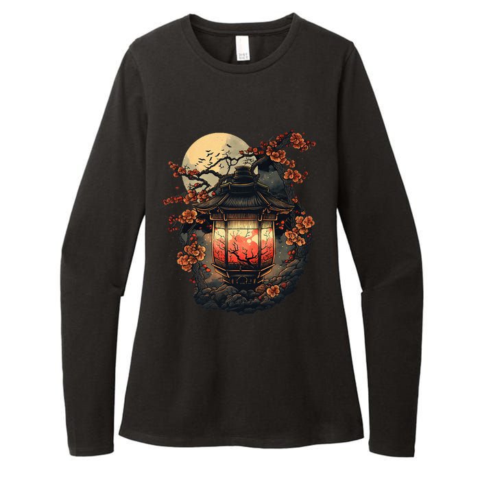 Japan Art Japanese Pagoda Lantern Sakura Blossom Aesthetic Womens CVC Long Sleeve Shirt