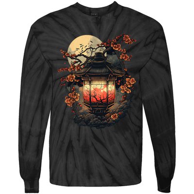 Japan Art Japanese Pagoda Lantern Sakura Blossom Aesthetic Tie-Dye Long Sleeve Shirt