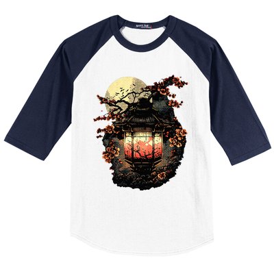 Japan Art Japanese Pagoda Lantern Sakura Blossom Aesthetic Baseball Sleeve Shirt