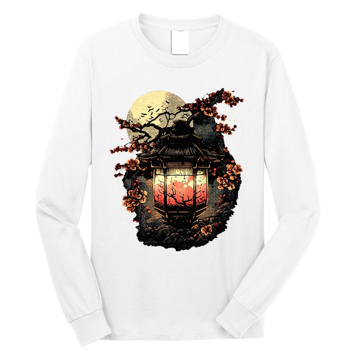 Japan Art Japanese Pagoda Lantern Sakura Blossom Aesthetic Long Sleeve Shirt