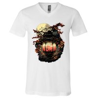 Japan Art Japanese Pagoda Lantern Sakura Blossom Aesthetic V-Neck T-Shirt