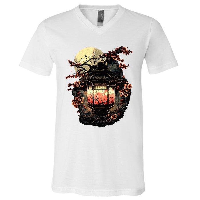 Japan Art Japanese Pagoda Lantern Sakura Blossom Aesthetic V-Neck T-Shirt