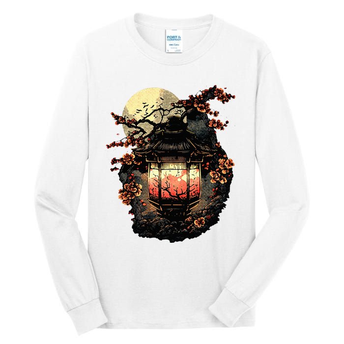 Japan Art Japanese Pagoda Lantern Sakura Blossom Aesthetic Tall Long Sleeve T-Shirt