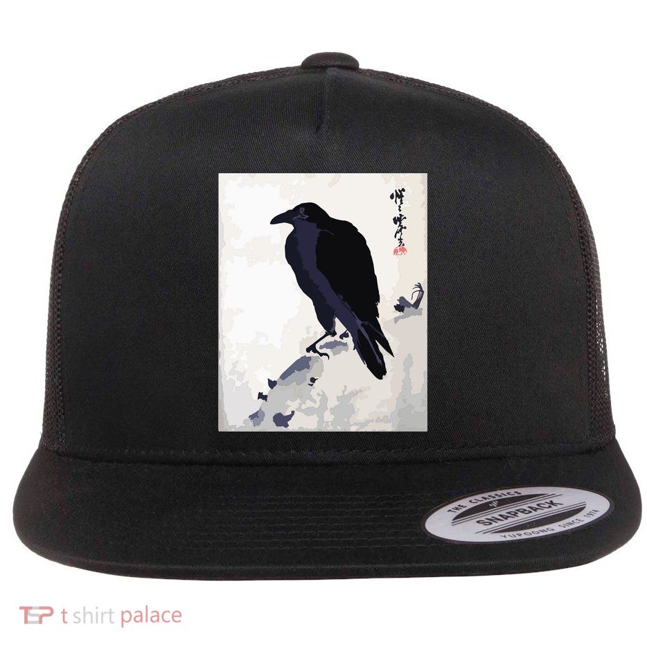 Japanese Art, Japanese Woodblock Art Print Crow Kyosai Flat Bill Trucker Hat