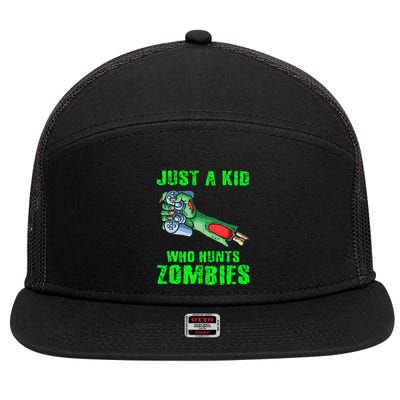Just A K.I.D Who Hunts Zombies Halloween Gamer Zombie 7 Panel Mesh Trucker Snapback Hat