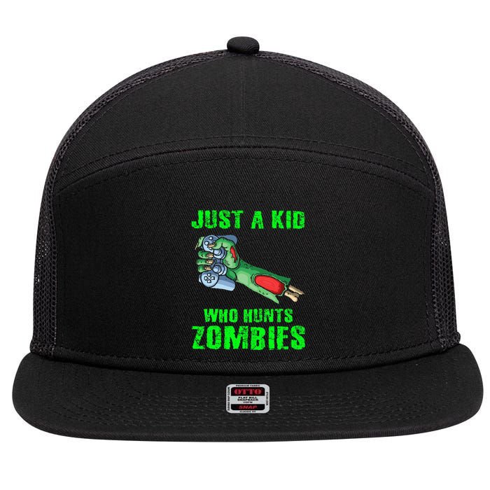 Just A K.I.D Who Hunts Zombies Halloween Gamer Zombie 7 Panel Mesh Trucker Snapback Hat