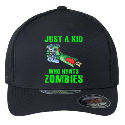 Just A K.I.D Who Hunts Zombies Halloween Gamer Zombie Flexfit Unipanel Trucker Cap