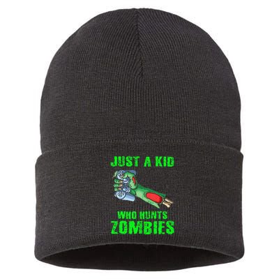 Just A K.I.D Who Hunts Zombies Halloween Gamer Zombie Sustainable Knit Beanie