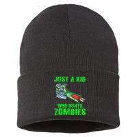 Just A K.I.D Who Hunts Zombies Halloween Gamer Zombie Sustainable Knit Beanie