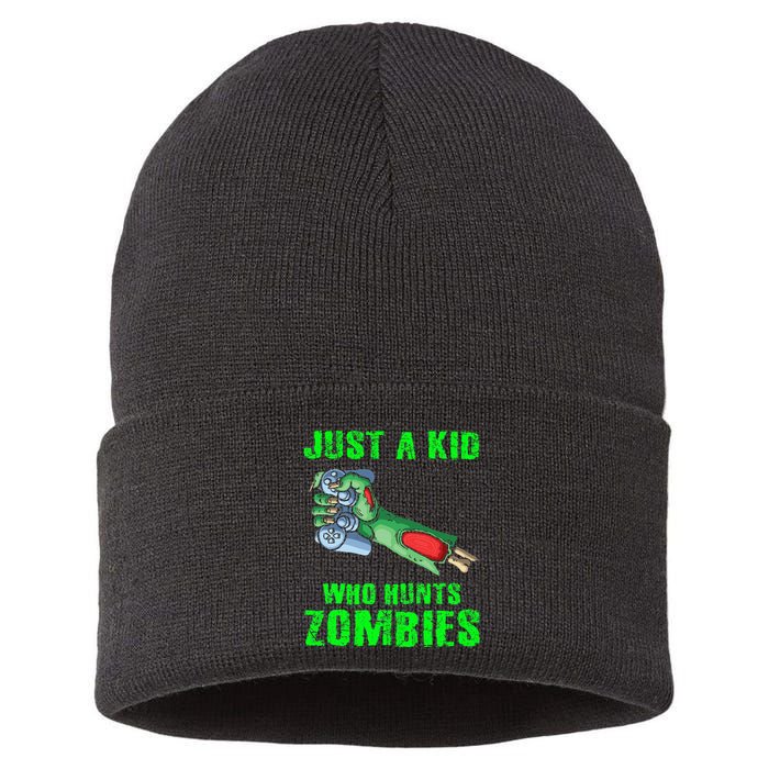 Just A K.I.D Who Hunts Zombies Halloween Gamer Zombie Sustainable Knit Beanie