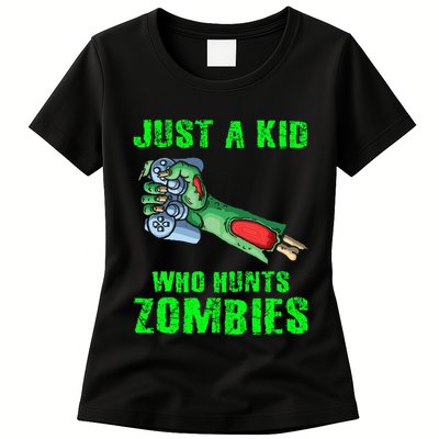 Just A K.I.D Who Hunts Zombies Halloween Gamer Zombie Womens T-Shirt