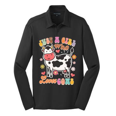 Just A Loves Cows Groovy Cow Lover Country Farm Life Silk Touch Performance Long Sleeve Polo