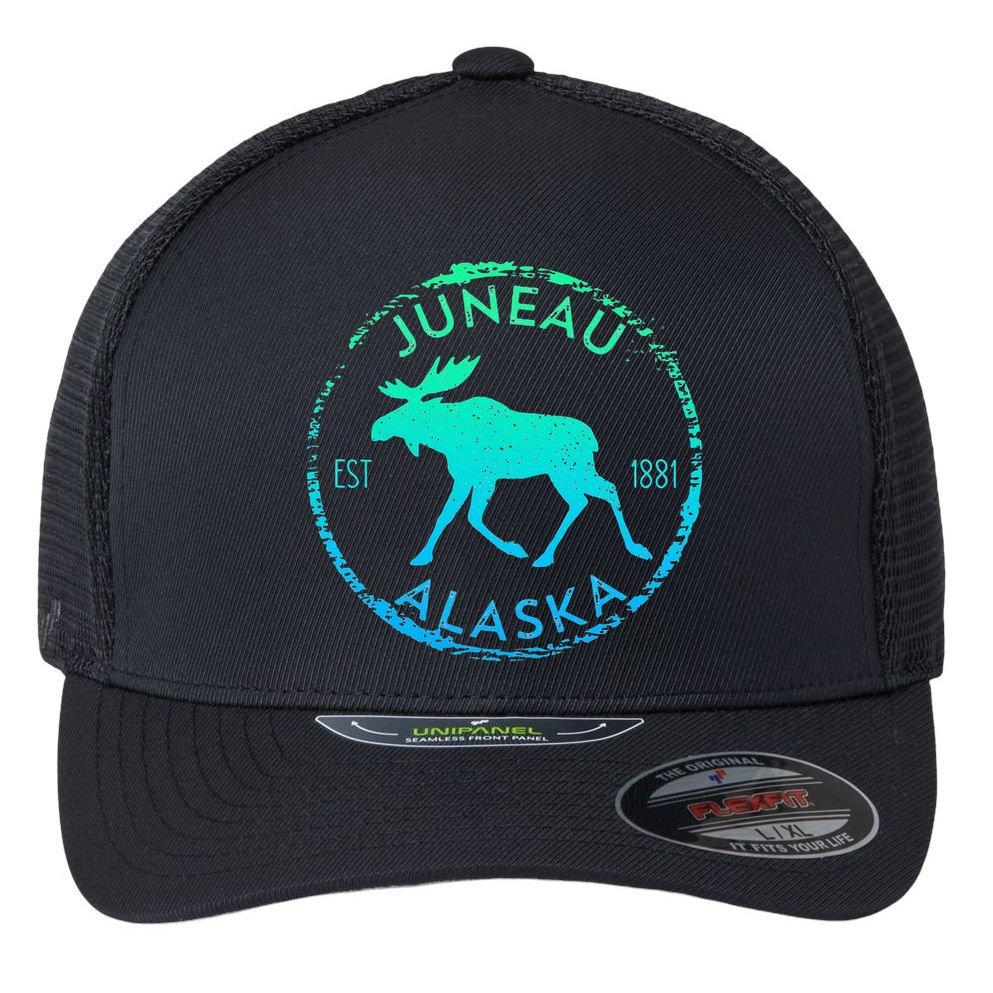 Juneau Alaska Moose Gradient Distressed Souvenir Flexfit Unipanel Trucker Cap