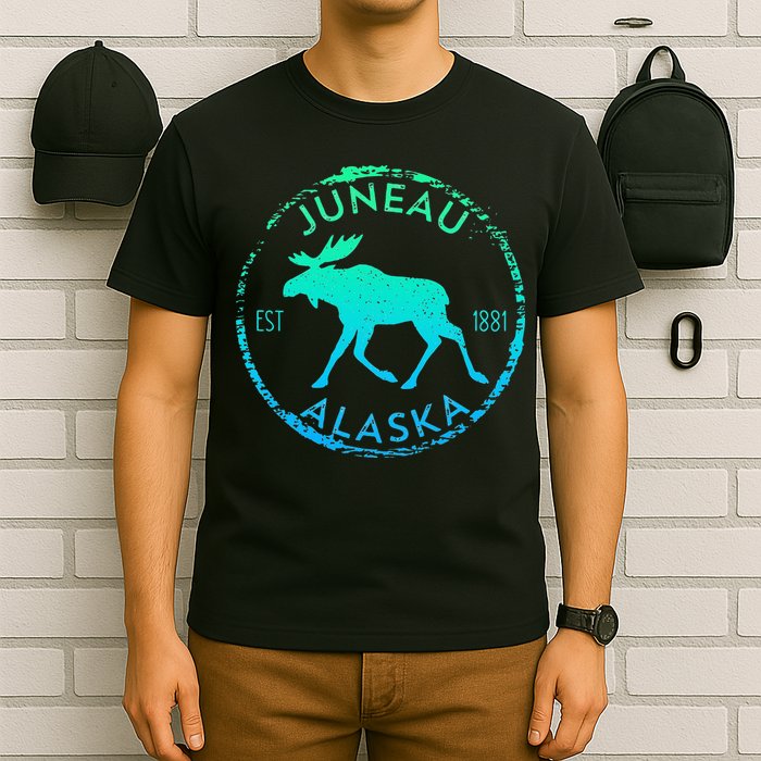 Juneau Alaska Moose Gradient Distressed Souvenir T-Shirt