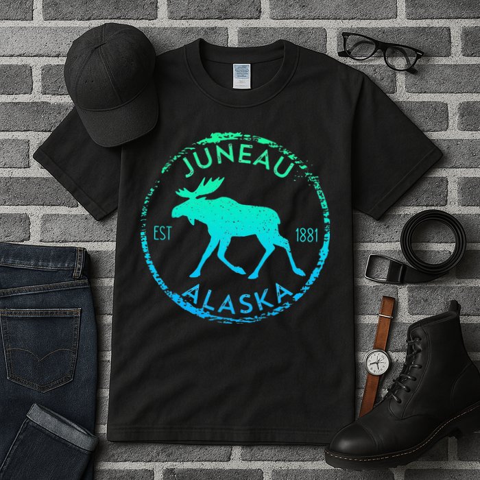 Juneau Alaska Moose Gradient Distressed Souvenir Tall T-Shirt