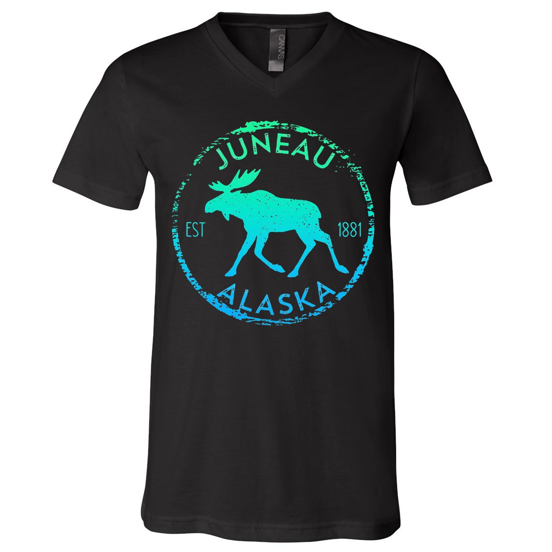 Juneau Alaska Moose Gradient Distressed Souvenir V-Neck T-Shirt