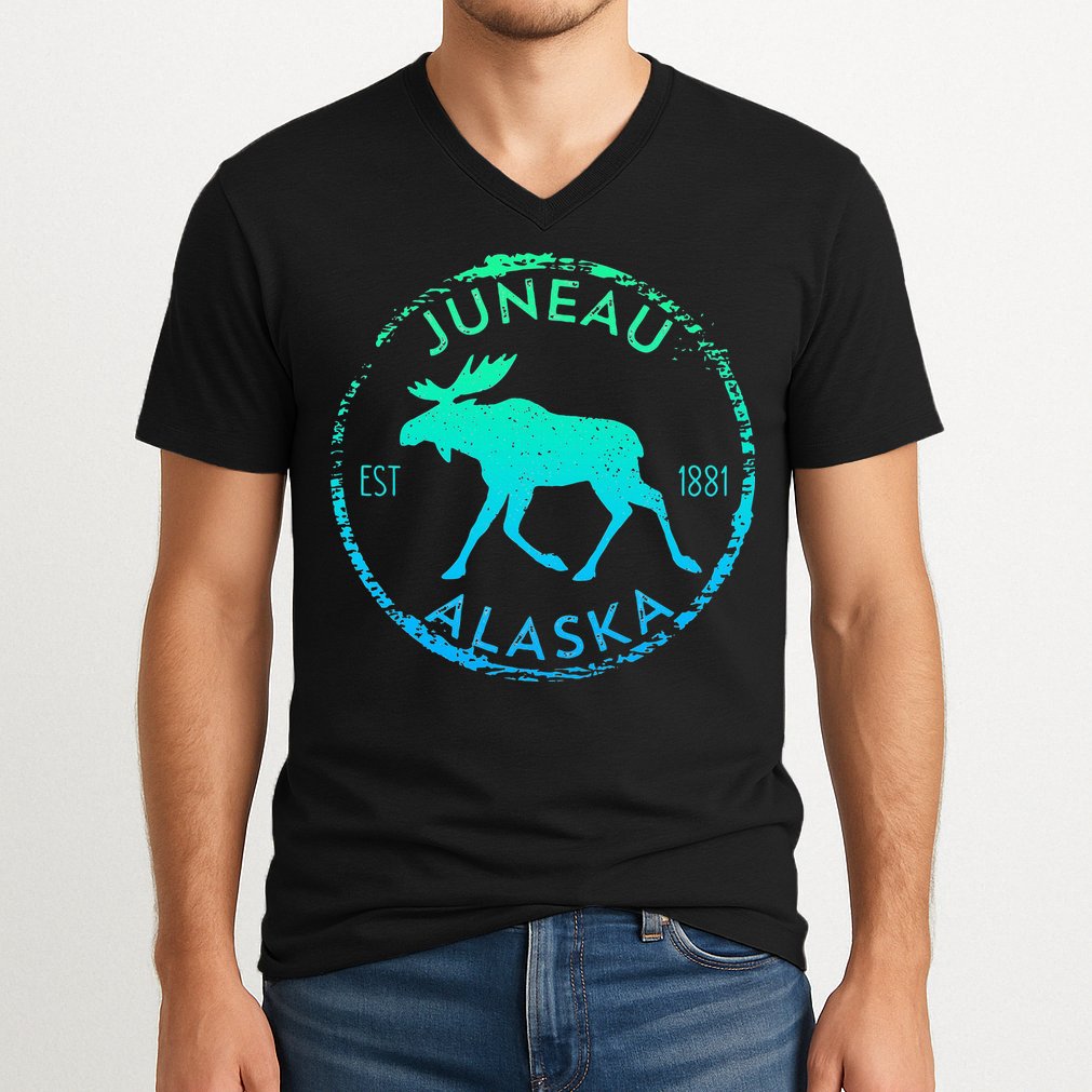 Juneau Alaska Moose Gradient Distressed Souvenir V-Neck T-Shirt