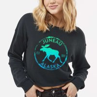 Juneau Alaska Moose Gradient Distressed Souvenir Cropped Pullover Crew