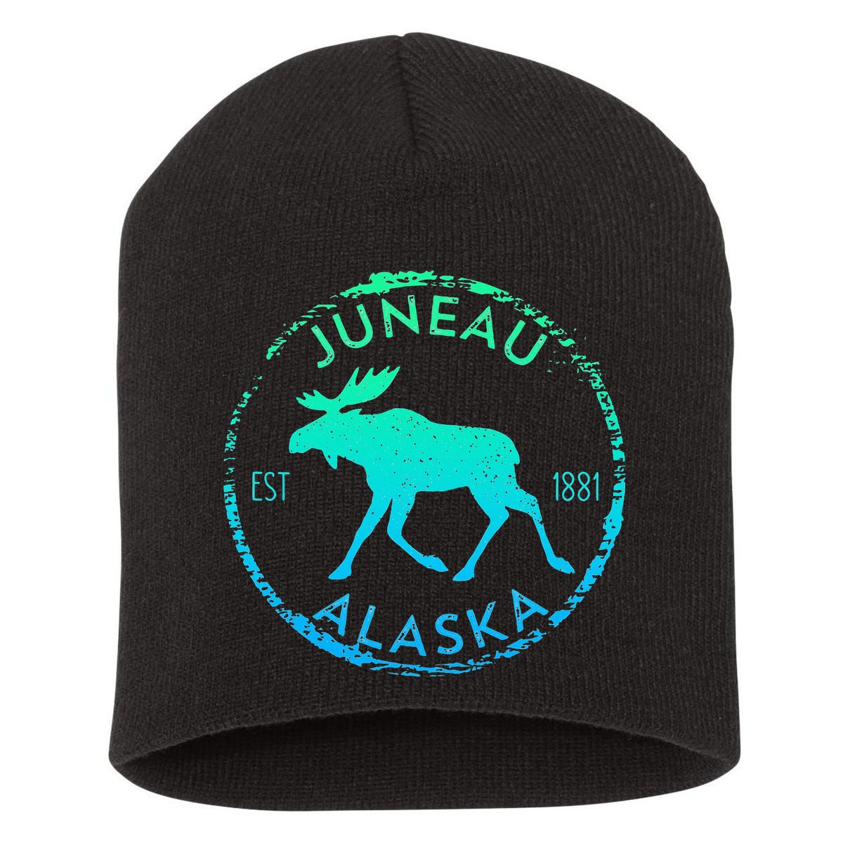Juneau Alaska Moose Gradient Distressed Souvenir Short Acrylic Beanie