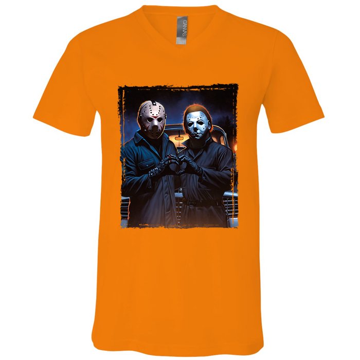 Jason And Myers Halloween Heart Hands Horror Character V-Neck T-Shirt