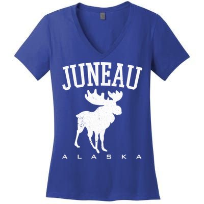 Juneau Alaska Moose Family Hiking Camping Trip Retro Vintage Funny Gift Women's V-Neck T-Shirt