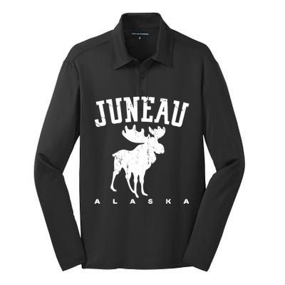 Juneau Alaska Moose Family Hiking Camping Trip Retro Vintage Funny Gift Silk Touch Performance Long Sleeve Polo