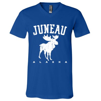 Juneau Alaska Moose Family Hiking Camping Trip Retro Vintage Funny Gift V-Neck T-Shirt