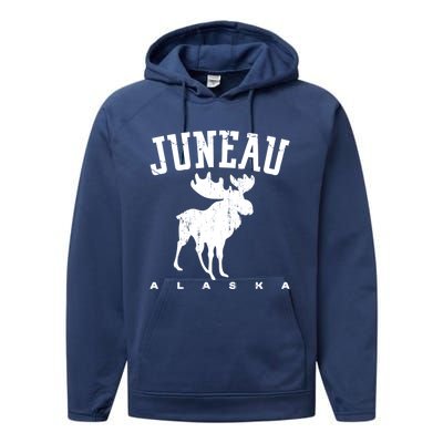 Juneau Alaska Moose Family Hiking Camping Trip Retro Vintage Funny Gift Performance Fleece Hoodie