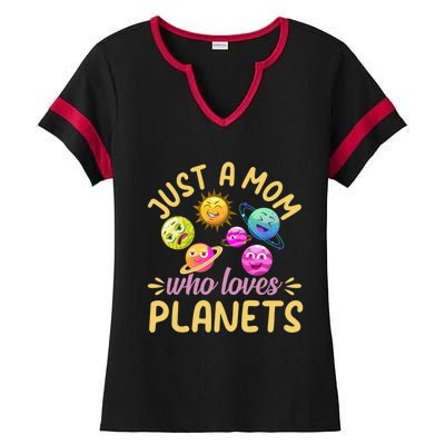 Just A Mom Who Loves Planets Gift Space Travel Astronomy Mama Gift Ladies Halftime Notch Neck Tee