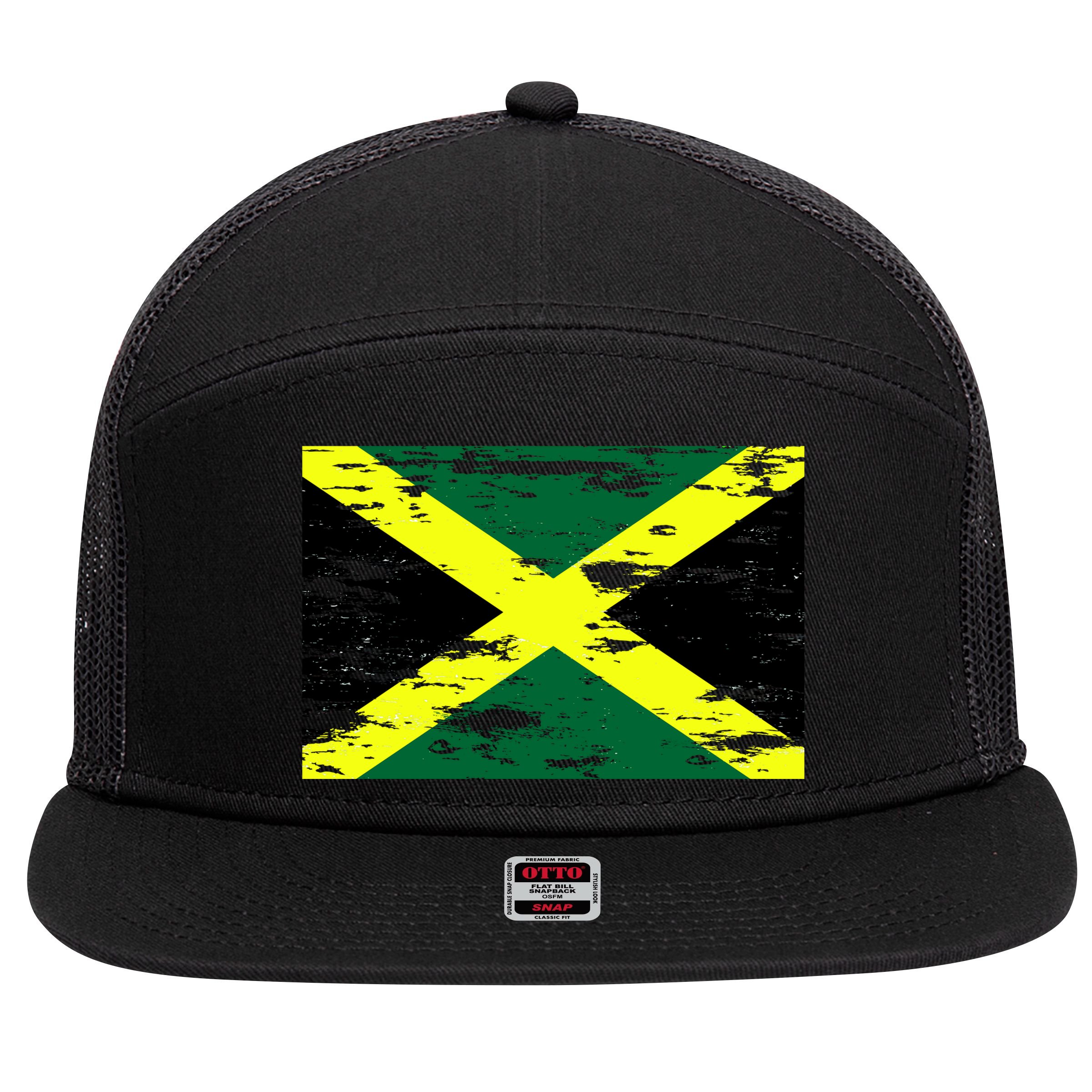 Jamaica Distressed Flag 7 Panel Mesh Trucker Snapback Hat
