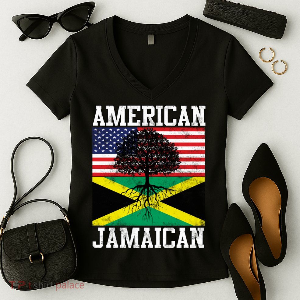 Jamaican American Flag Grown Roots Women's V-Neck T-Shirt