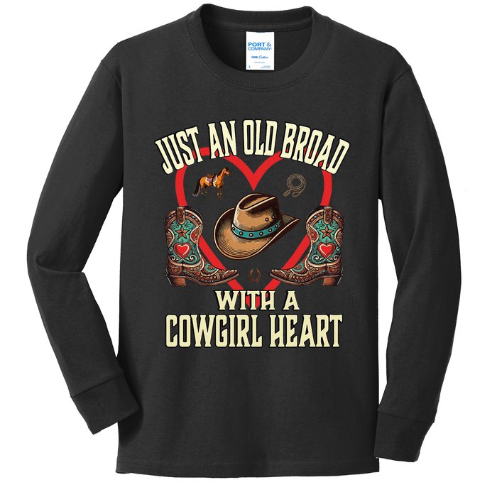 Just An Old Broad With A Cowgirl Heart Western Cowboy Horse Kids Long Sleeve Shirt