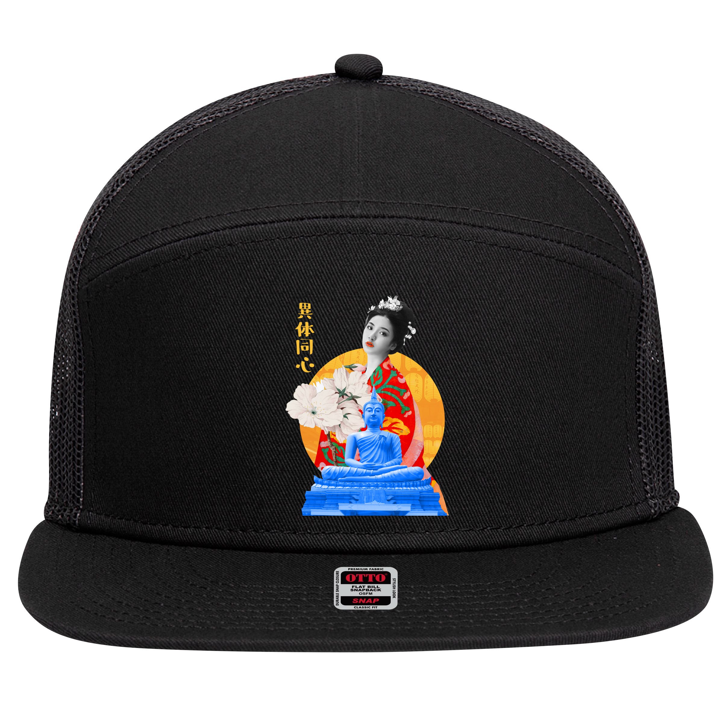 Japanese Buddha Female 7 Panel Mesh Trucker Snapback Hat