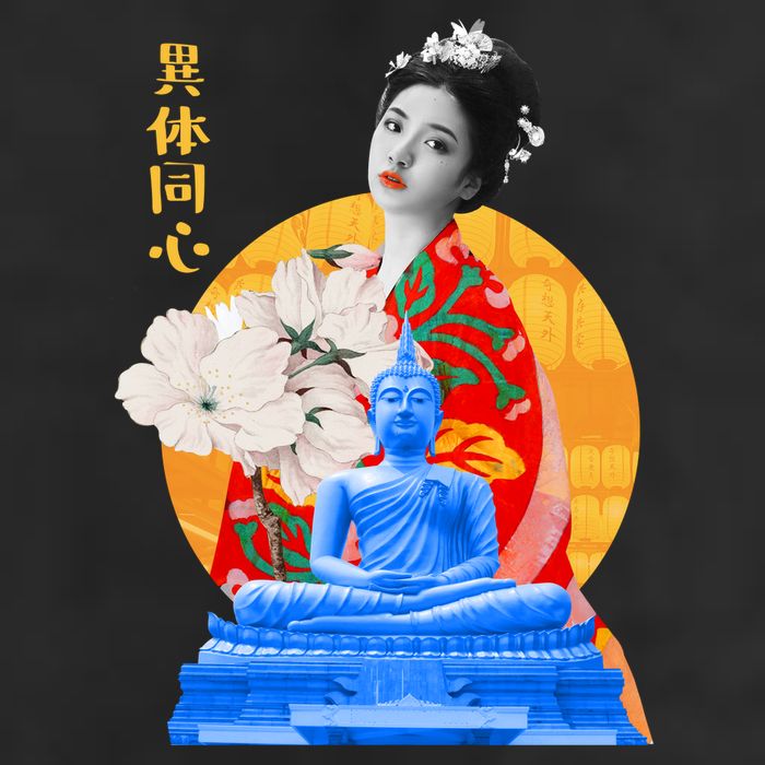 Japanese Buddha Female 7 Panel Mesh Trucker Snapback Hat