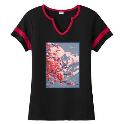 Japanese Cherry Blossom Mountain Ladies Halftime Notch Neck Tee