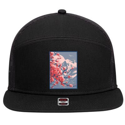 Japanese Cherry Blossom Mountain 7 Panel Mesh Trucker Snapback Hat