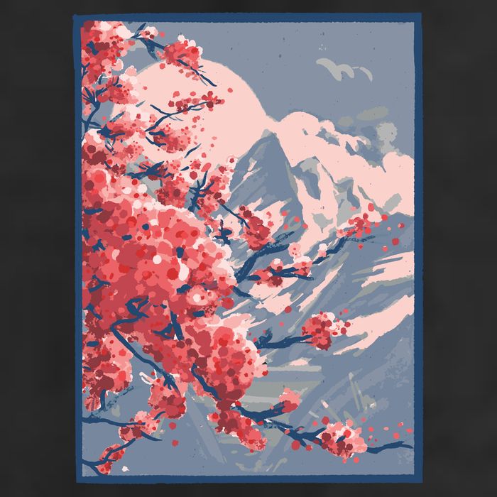 Japanese Cherry Blossom Mountain 7 Panel Mesh Trucker Snapback Hat
