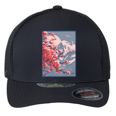 Japanese Cherry Blossom Mountain Flexfit Unipanel Trucker Cap