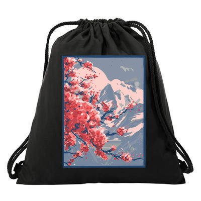 Japanese Cherry Blossom Mountain Drawstring Bag