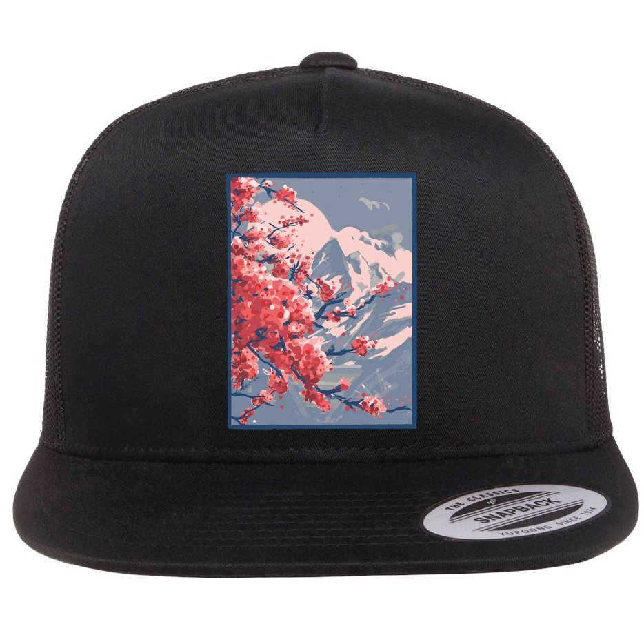 Japanese Cherry Blossom Mountain Flat Bill Trucker Hat