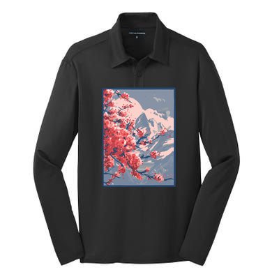 Japanese Cherry Blossom Mountain Silk Touch Performance Long Sleeve Polo