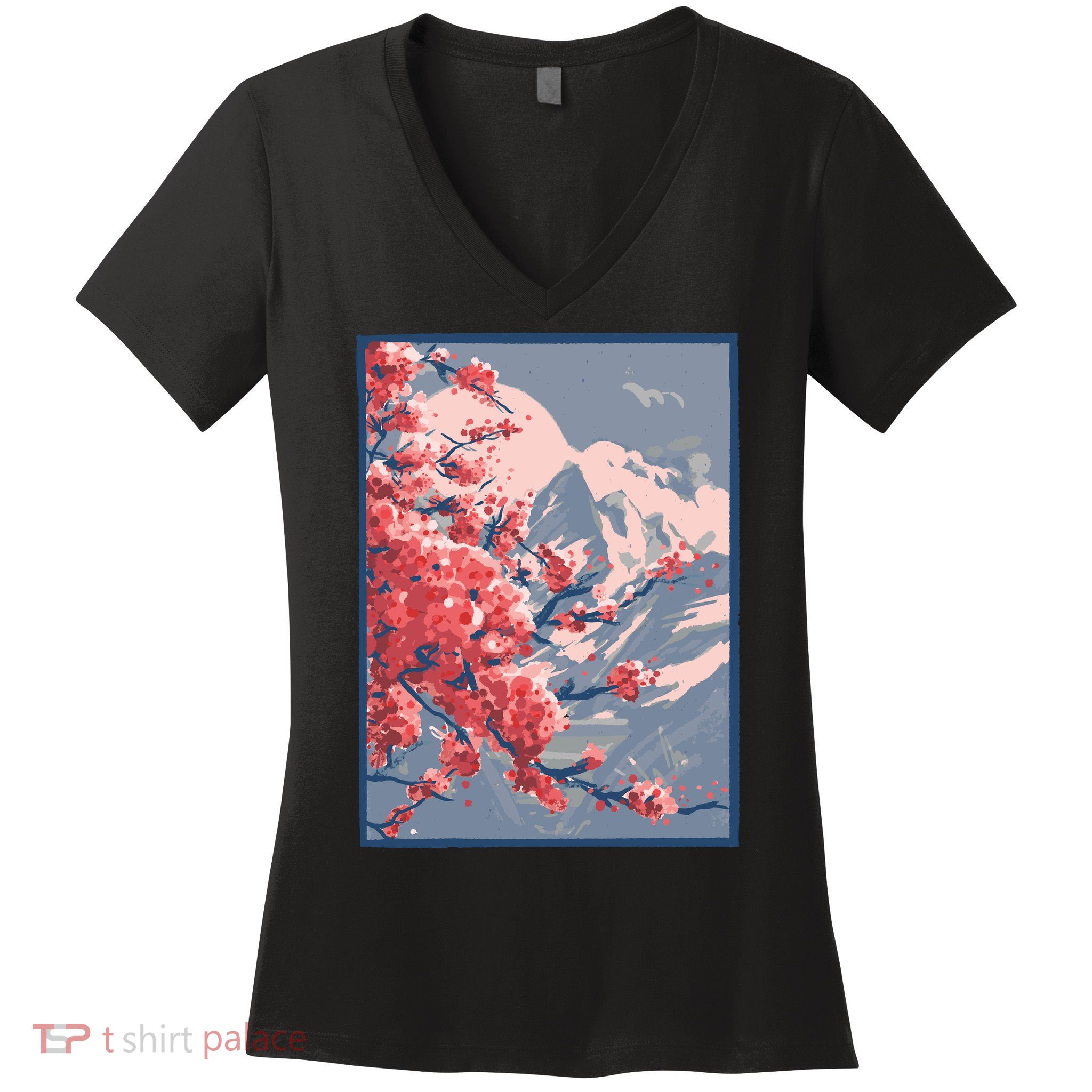 Japanese Cherry Blossom Mountain Women's V-Neck T-Shirt