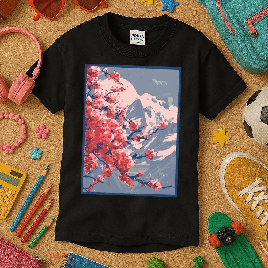 Japanese Cherry Blossom Mountain Kids T-Shirt