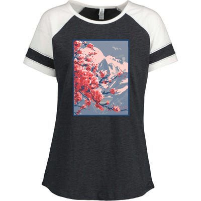 Japanese Cherry Blossom Mountain Enza Ladies Jersey Colorblock Tee