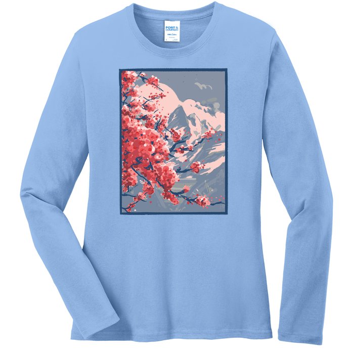 Japanese Cherry Blossom Mountain Ladies Long Sleeve Shirt