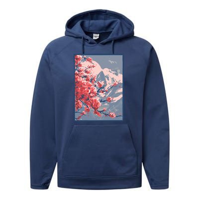 Japanese Cherry Blossom Mountain Performance Fleece Hoodie