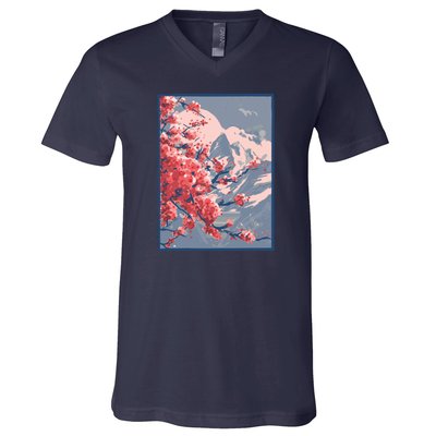 Japanese Cherry Blossom Mountain V-Neck T-Shirt